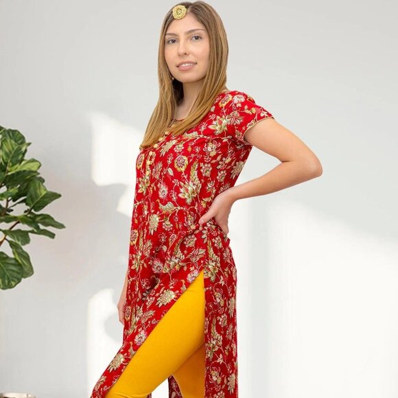 Red Flower Print Kurta, Tranquil Threads | Muvvas Boutique - Picture 2 of 5